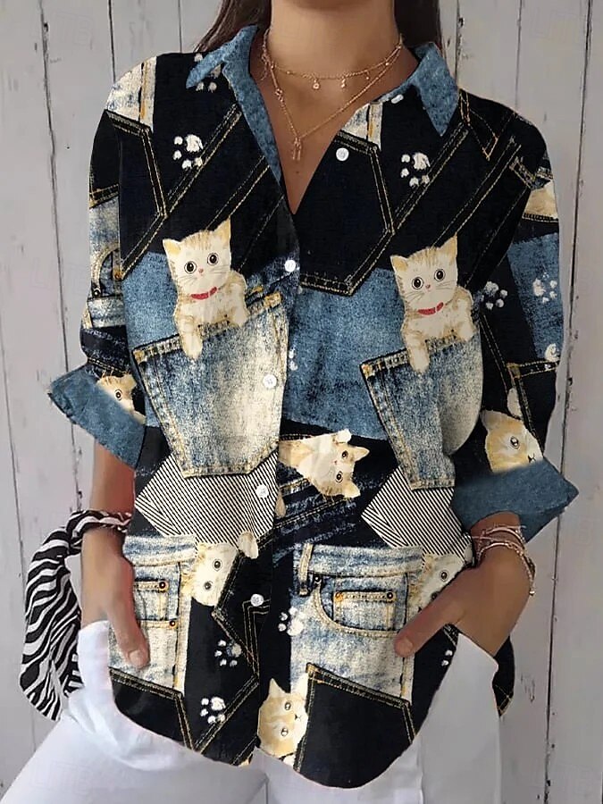 Damenhemd Langarm Button-Down Bluse Grafisch Tier Aktiv Vintage Niedlich Hemdkragen Reguläre Tops Arbeit Täglich Knopf Druck Schwarz Frühling Herbst Winter 2025 - $32.99 –P1