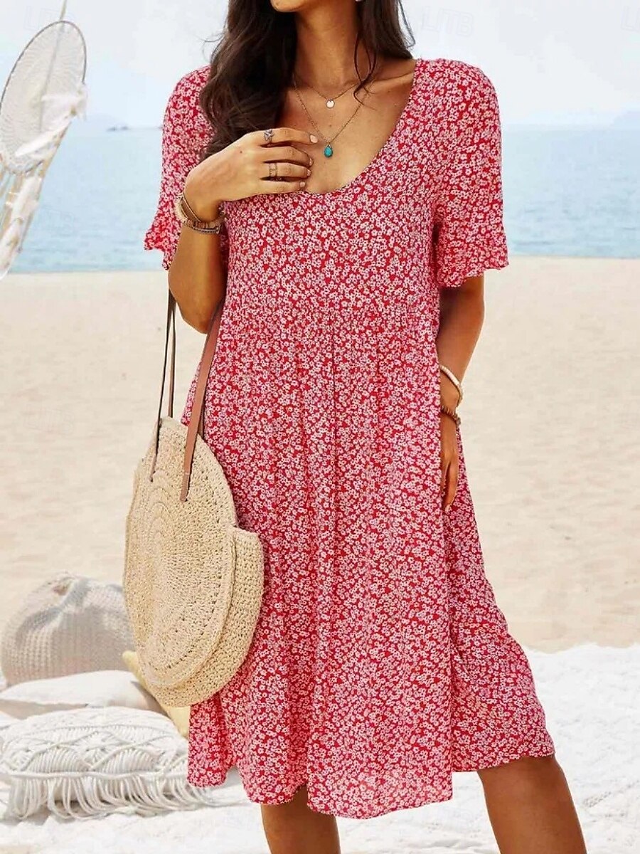 Femmes Mini Robe Robe ajustée et évasée Occasionnel Extérieur Sortir Coupe régulière Fleuri Manche Courte Col Rond Bleu Ciel Jaune Rouge Bleu de minuit Été Printemps de 2025 ? $23.99 –P1
