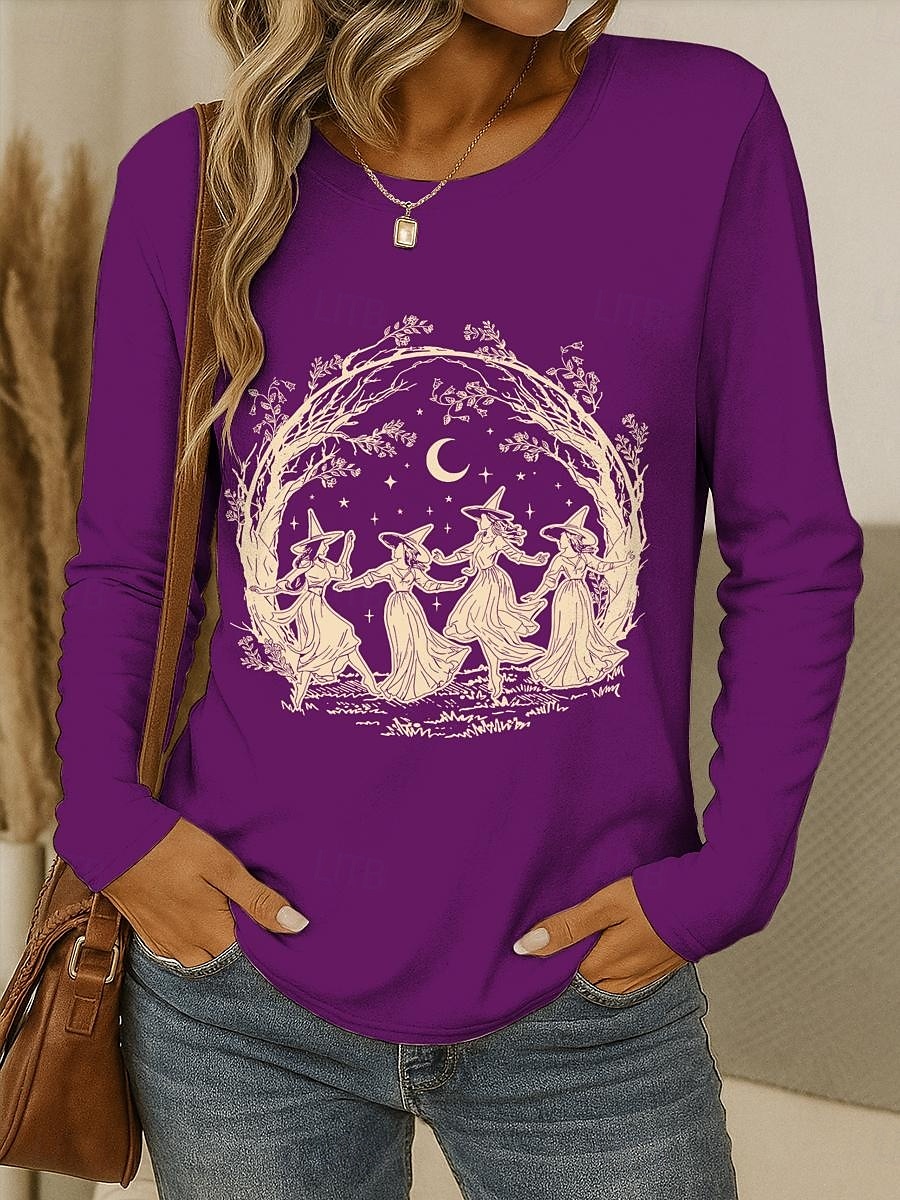 Halloween Femmes T-shirt Graphique Sorcière ancien Élégant Classique manche longue Col ras du cou Col rond Hauts Réguliers Quotidien Week-end Imprimé Noir Vin Bleu Violet Vert Printemps Automne de 2025 ? $22.99 –P7