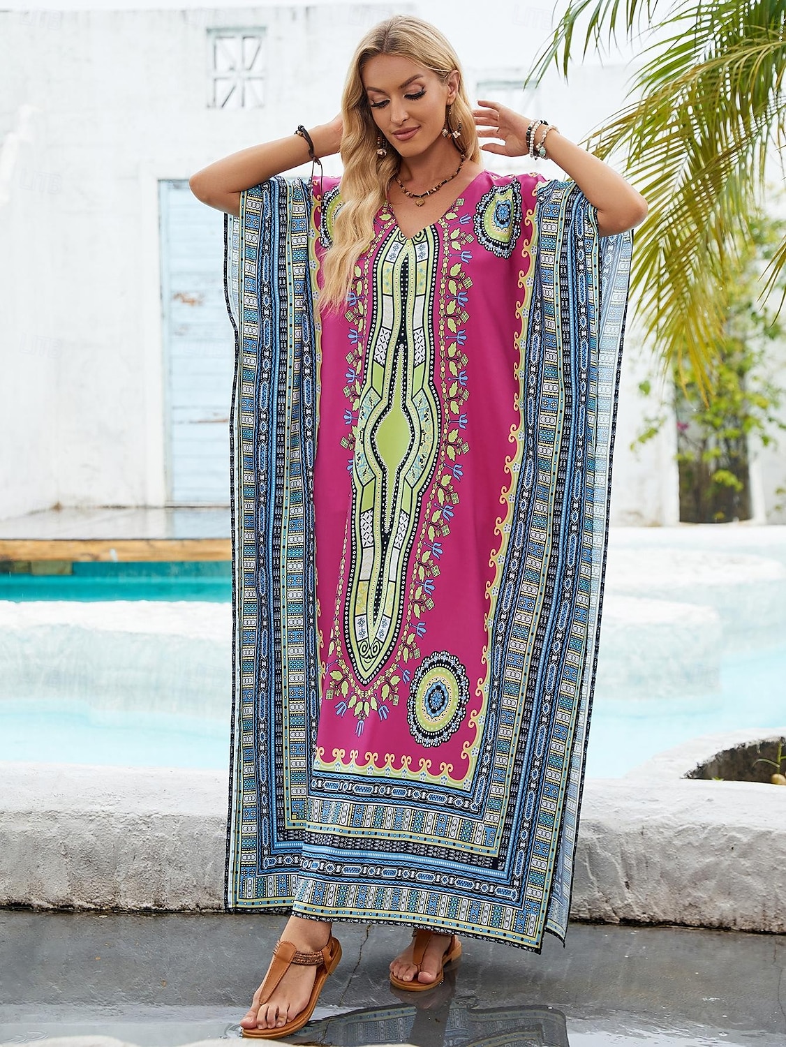 Femmes Robe maxi Robe d'Été Vacances Occasionnel Boho Soirée Sortir Plage Graphique Géométrique Tribal Manche Courte Col en V Bleu Ciel Rose rouge Été Printemps de 2025 ? $25.99 –P2