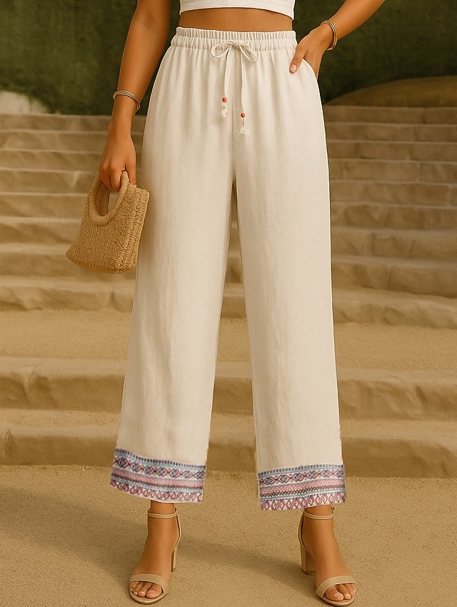 Per donna Pantaloni in cotone e lino Chinos Pantaloni Moda Stile Etnico Essenziale Lunghezza intera Vita Alta Floreale Ricamato Tasca Coulisse Comodità All'aperto Micro-elastico Vacanza Streetwear del 2025 a $23.99 –P1