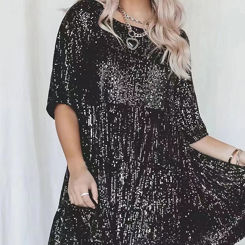Per donna Mini Abito Abito con Paillettes Abito da Cocktail Moda Moderno Festa serale Cocktail party Vestibilità regolare Semplice Manica Corta Girocollo Argento Grigio nero Nero Bianco Estate del 2025 a $27.99 –P5