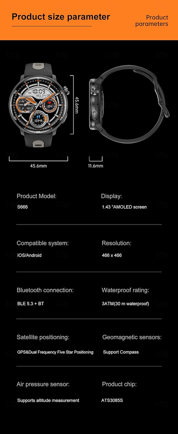 S666R Montre intelligente 1.43 pouce Smartwatch Montre Connectée Bluetooth Podomètre Rappel d'appel Moniteur d'Activité Compatible avec Android iOS Hommes GPS Longue Veille Étanche IP68 Boîtier de de 2025 ? $68.99 –P16