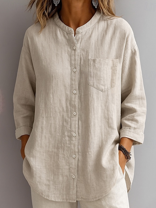 Жен. Рубашка Сплошной цвет Элегантный стиль Повседневные На каждый день Рукав 3/4 Вырез под горло Обычные топы Синий Белый Темно синий Бежевый Лето Весна Весна, осень, зима, лето 2026 - $26.99 –P4