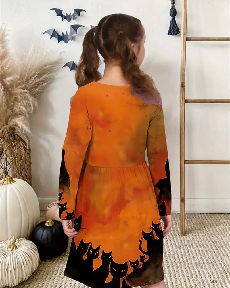 Halloween Girls' 3D Cat Dress Long Sleeve Summer Spring Vacation Daily Holiday Princess Beautiful Sweet Kids 4-12 Years Casual Dress A Line Dress Knee-length Regular Fit 2025 - $16.99 –P3