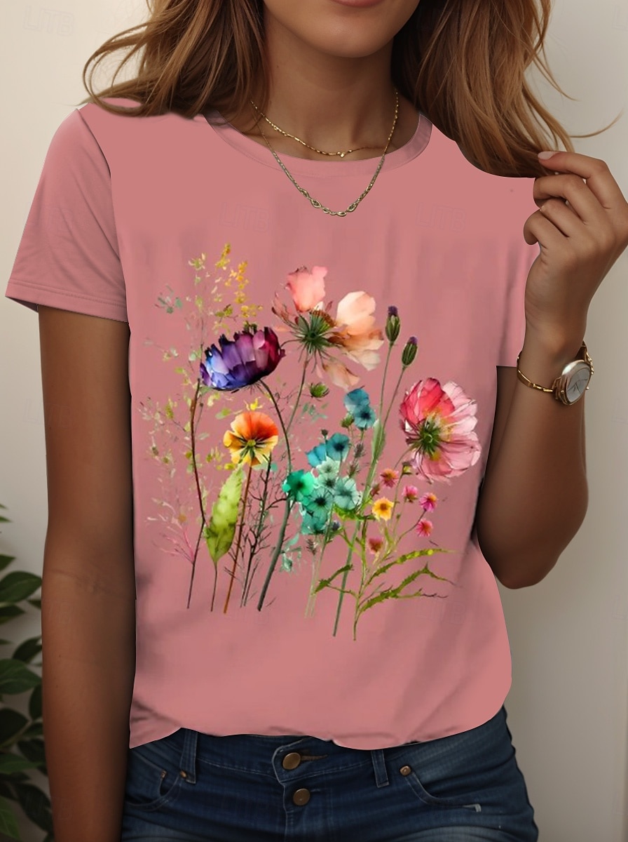 Dame T skjorte Blomstret Grafisk Planter Årgang Stilfull Klassisk Kortermet Crew-hals Vanlige topper Daglig Ut på byen Helg Trykt mønster Svart Hvit Rosa Blå Himmelblå Sommer Vår Høst 2025 - $19.99 –P4