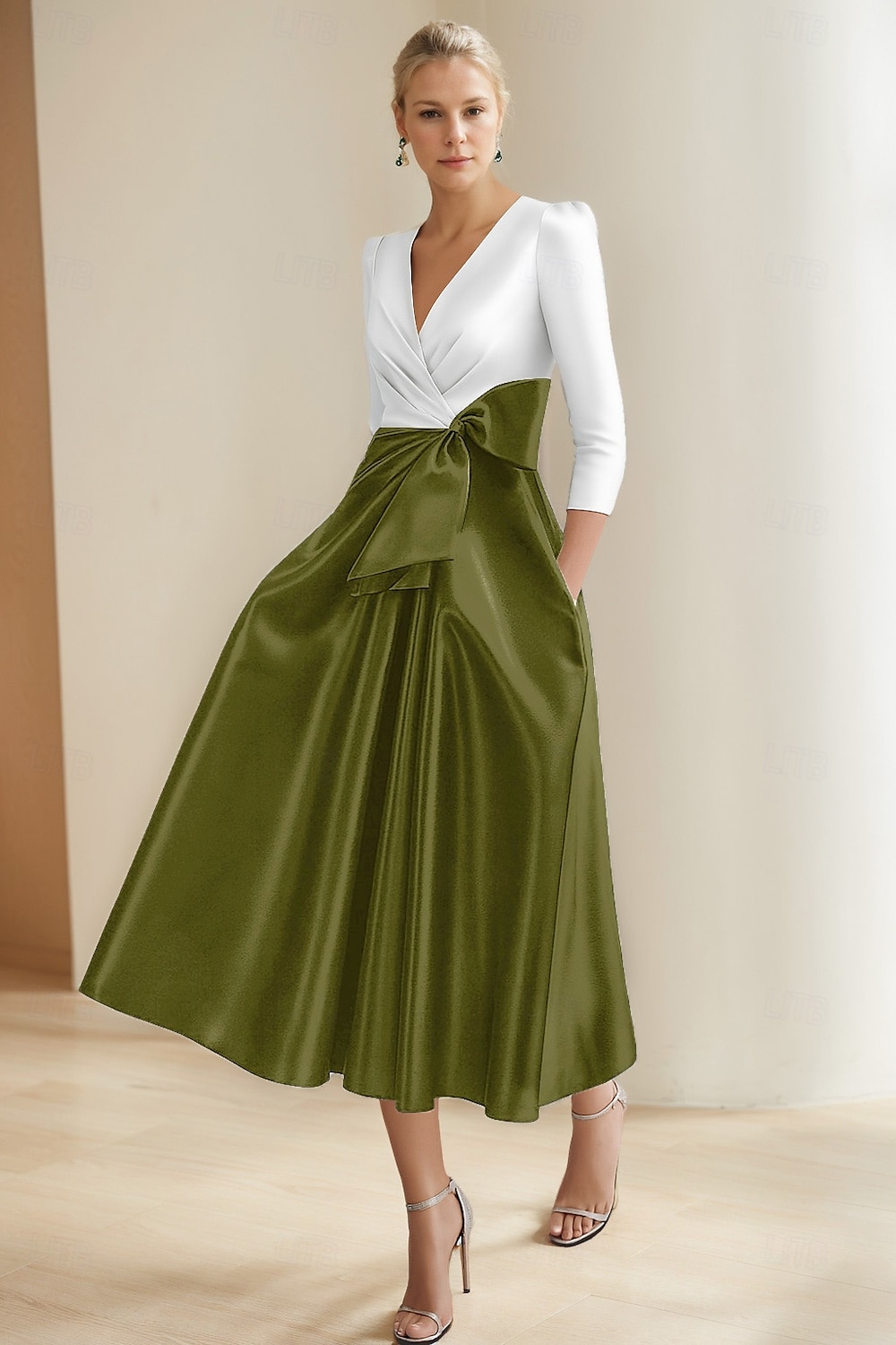 Vestidos de Coquetel A-Line Vestido Elegante Formal Casamento Comprimento Chá Comprimento Midi Manga Curta Decote em V Pregas Cetim com Bolso e Laço de 2025 por $147.99 –P5