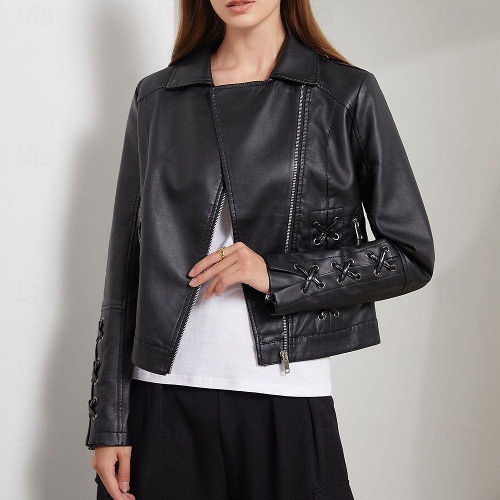 Women's Faux Leather Jacket Comfortable Full Zip Fashion Street Style Plain Outdoor Casual Daily Regular Turndown Regular Fit Long Sleeve Outerwear Black Red Green Spring Fall 2025 - $43.99 –P5