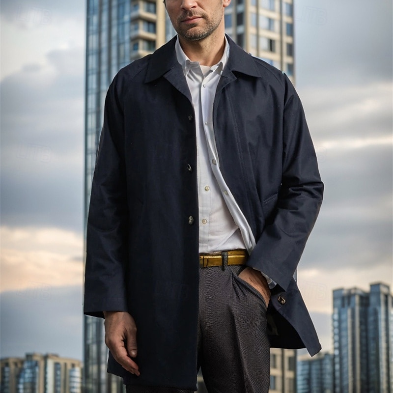Men's Overcoat Trench Coat Long Trench Coat Vacation Daily Fall Winter Polyester Windproof Soft Outerwear Clothing Apparel Fashion Classic Plain Pocket Lapel Single Breasted 2025 - $48.99 –P8