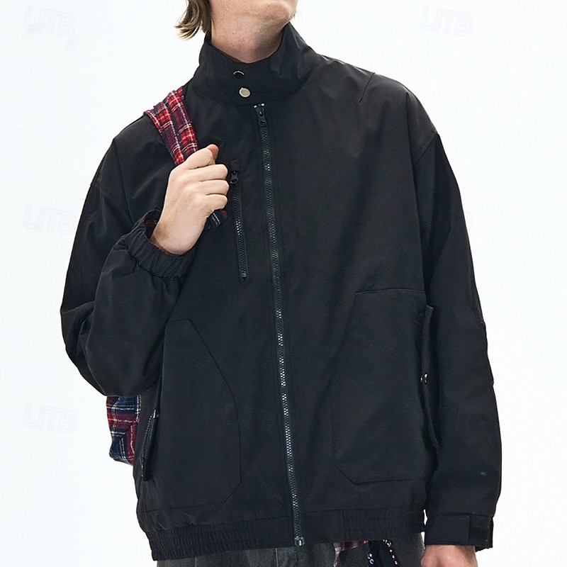 Men's Lightweight Jacket Cargo Jacket Casual Jacket Vacation Daily Windproof Windbreaker Pocket Fall Winter Plain Fashion Classic Stand Collar Regular Black White Purple Green Jacket 2025 - $51.99 –P11