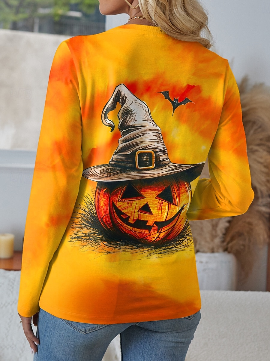 Halloween Pentru femei Tricou Grafic Dovleac Epocă Stilat Clasic Manșon Lung Stil Nautic Topuri obișnuite Zilnic Sfârșit de săptămână Imprimeu Negru Roșu-aprins Fucsia Portocaliu Primăvară Toamnă 2025 - $22.99 –P2