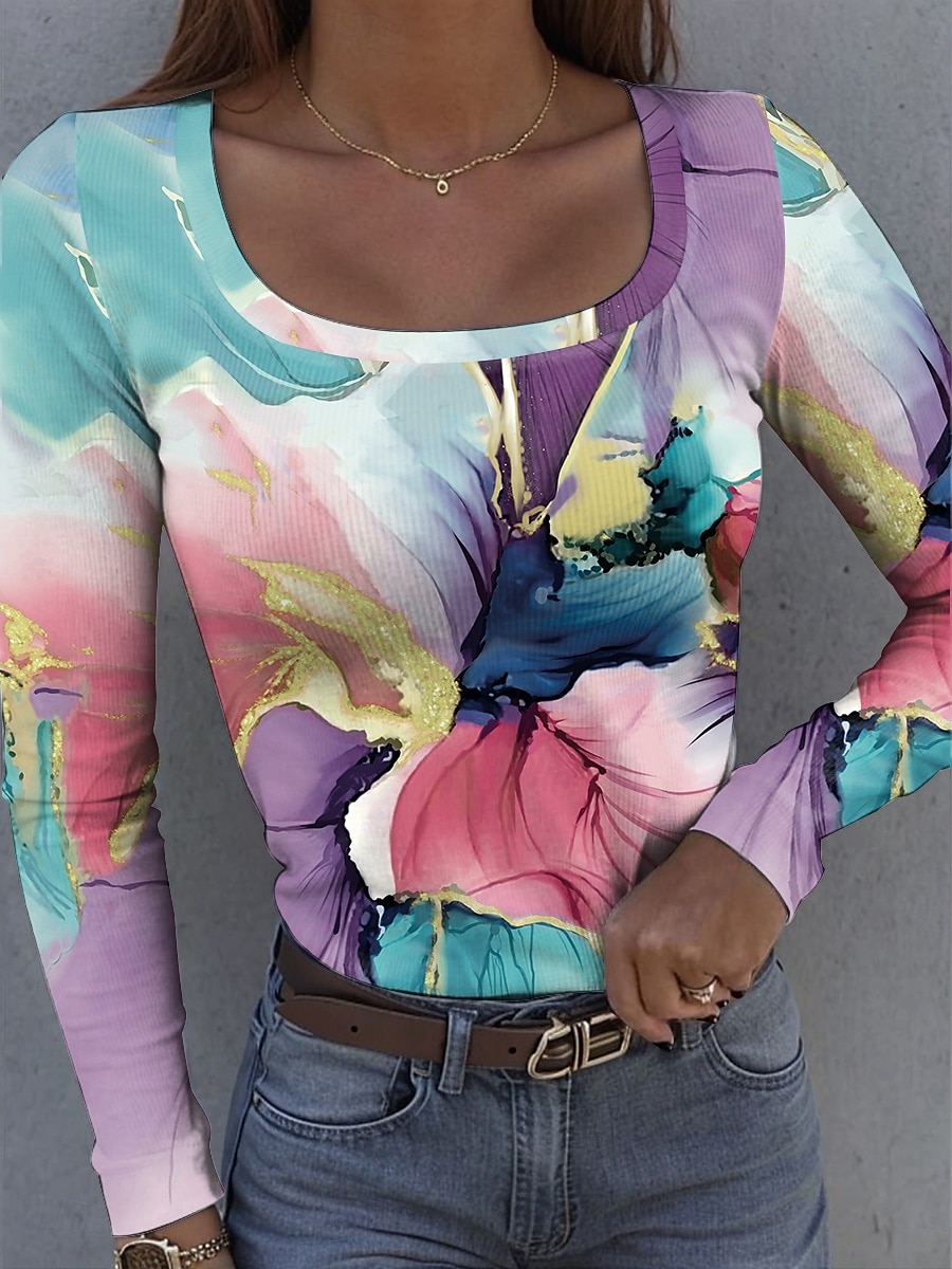 Dam T-shirt Långärmad Ribbad Grafisk Fyrkantig Hals Långärmad Avslappnad Ombre Abstrakt Regula Tops Dagstryck Röd Blå Grön Regnbåge Ljusblå Vår Höst Förvår 2025 - GBP £19.07 –P4