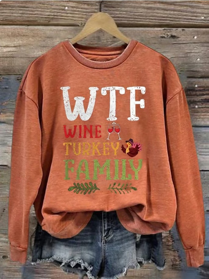 Women's Casual Wtf Wine Turkey Family Print Hoodies Letter Casual Long Sleeve Round Neck Regular Tops Work White Orange Green Gray Fall Winter 2025 - $24.99 –P1