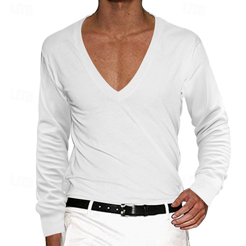 Herren T Shirt T-Shirt Langarm V Ausschnitt Sommer Einfarbig Einfach Mode Designer Basic Tiefes V Basic Urlaub Straße Lässig Schwarz Weiß Rot Top T-Shirt für Herren 2025 - $16.49 –P8