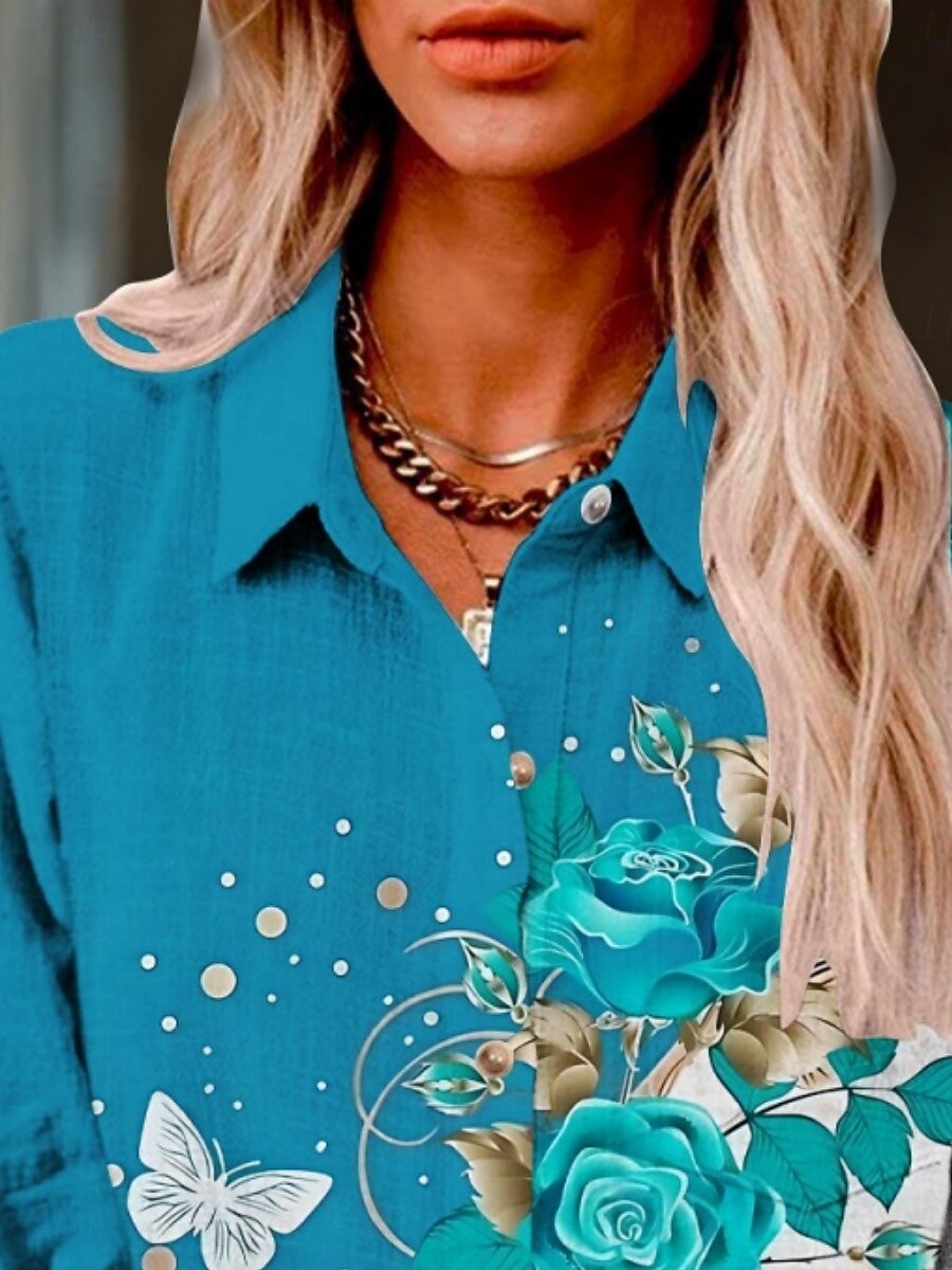 Women's Shirt Butterfly Color Gradient Active Daily Stylish Long Sleeve Shirt Collar Regular Tops Daily Holiday Buttons Print Blue Summer Spring Fall 2025 - $29.99 –P3