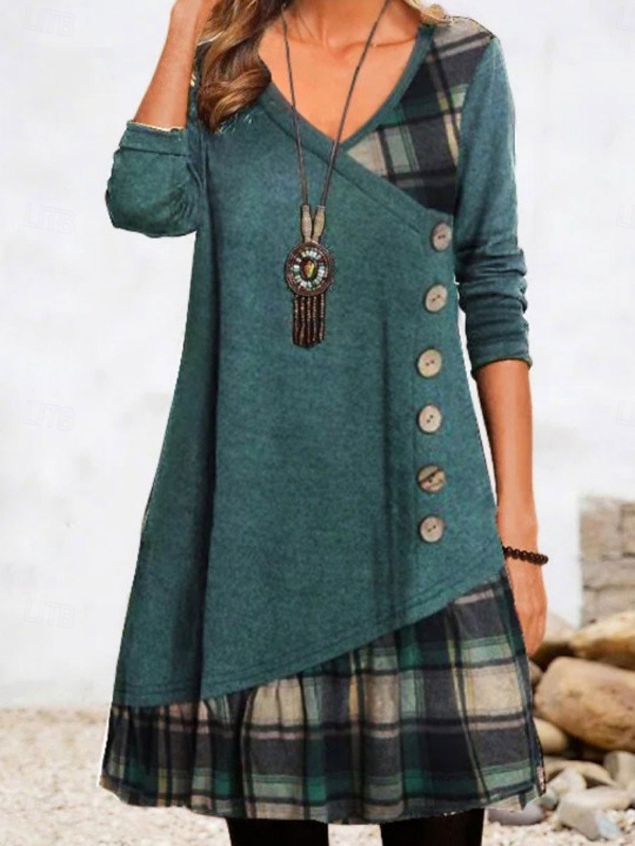 Women's Mini Dress A Line Dress Casual Daily Regular Fit Plaid Long Sleeve V Neck Black Red Green Gray Fall Winter 2025 - $28.99 –P3