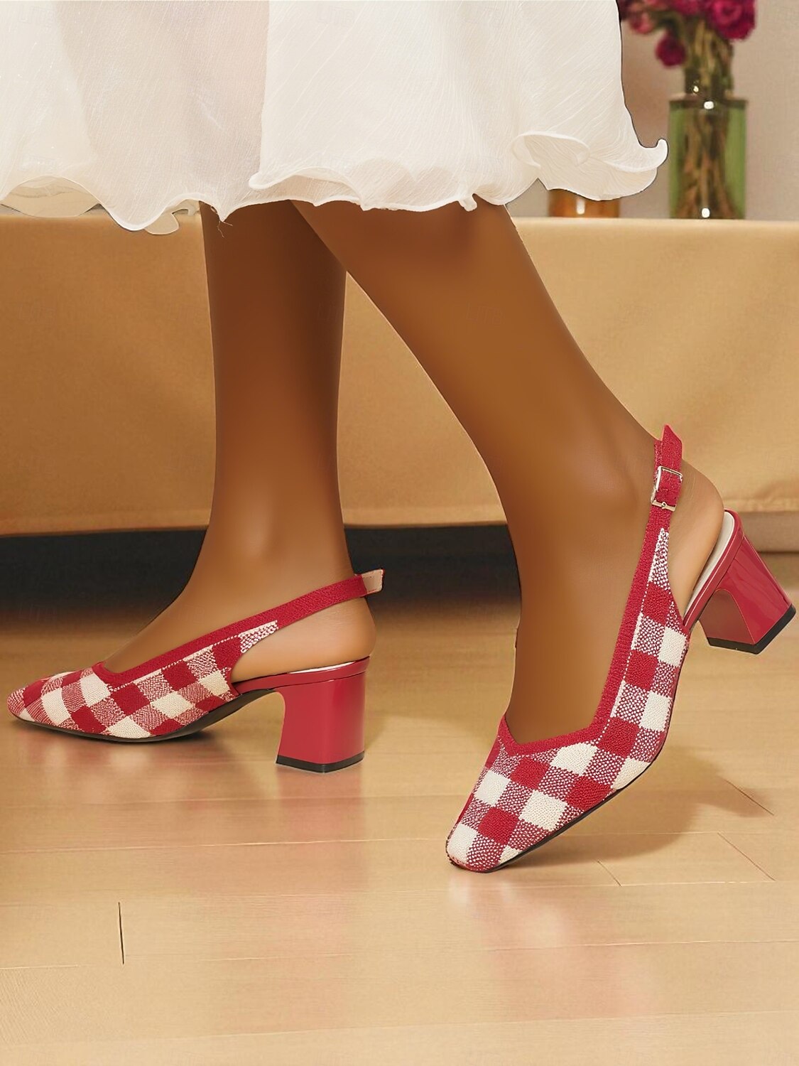 Women's Red Gingham Slingback Block Heel Pumps - Retro Style Knit Dress Shoes for Comfortable Walking, Casual Picnic, Summer Parties, and Daily Office Wear 2025 - $34.99 –P6