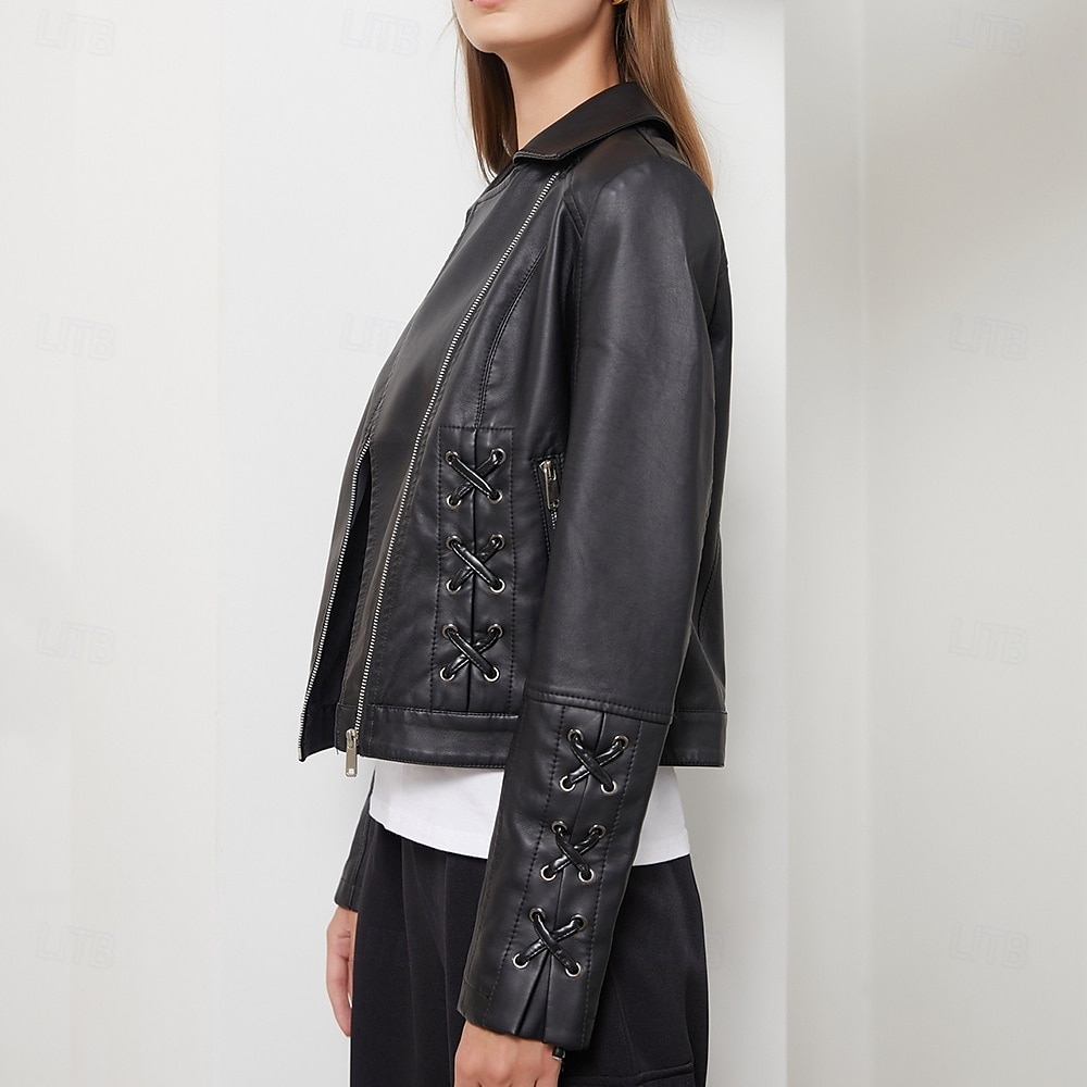 Women's Faux Leather Jacket Comfortable Full Zip Fashion Street Style Plain Outdoor Casual Daily Regular Turndown Regular Fit Long Sleeve Outerwear Black Red Green Spring Fall 2025 - $43.99 –P6