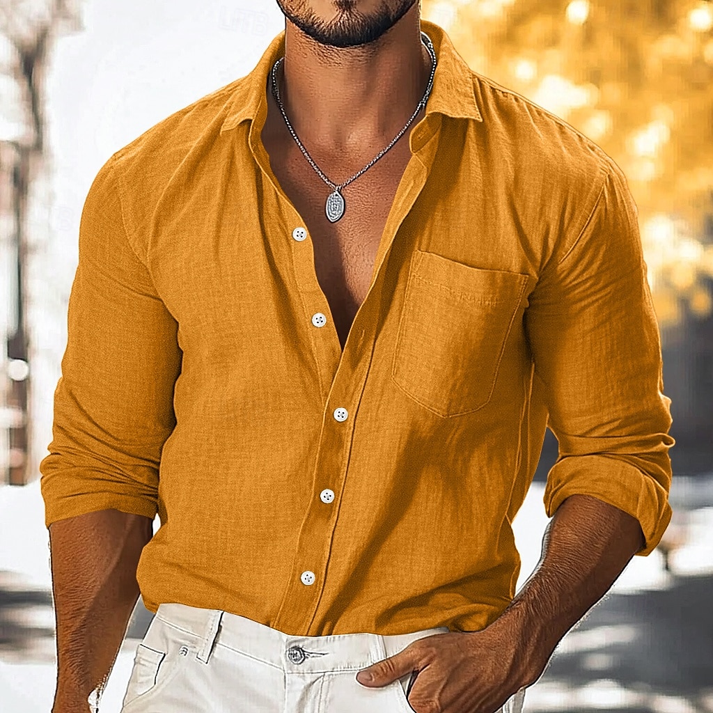 Voor heren Overhemd Linnen overhemd Overhemd met knopen Effen Vakantie Casual Zwart Geel Marineblauw Bruin Lange mouw Strijkijzer Zomer Herfst Kleding Knop 2025 - $23.99 –P1
