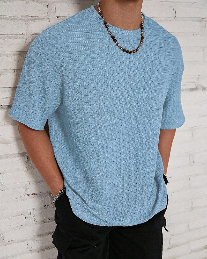 Homme T-shirt Chemise à manches courtes Manche Courte Col ras du cou Été Uni Mode Designer Basique Jacquard Vacances Rue Sortir Noir Blanche Kaki T-shirt haut de gamme pour homme de 2025 ? $14.49 –P8