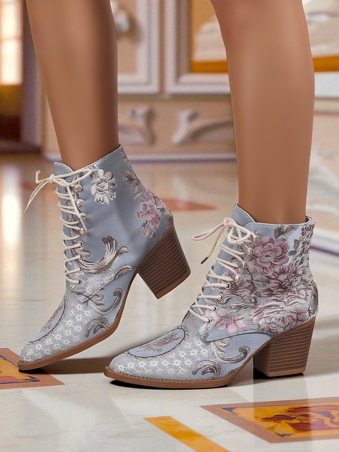 Bottines à lacets en jacquard jaune pour femmes avec talons épais - bottes courtes baroques de style victorien de la fin du XIXe siècle pour dames, idéales pour les tenues d'automne, les fêtes de 2025 ? $42.99 –P3