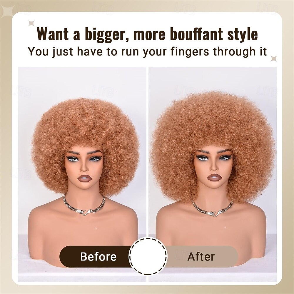 2026年 黒人女性用アフロウィッグ 70年代風 アフロ 縮れ毛 ウィッグ 前髪付き ふわふわ 大きな パフウィッグ 合成毛 コスプレ 普段使い パーティー 14インチ  コレクション – $25.99 –P5