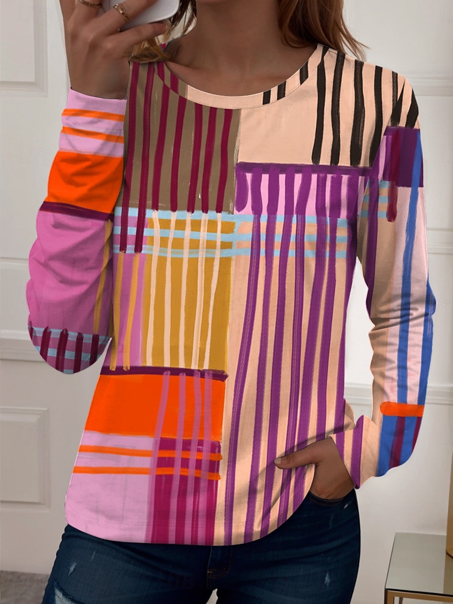 Kvinnors T-shirt Långärmad Crew Neck Långärmad Tunika Grafisk Geometrisk Vintage Avslappnad Regelbundna Toppar Dagligt Tryck Rosa Blå Lila Grön Vår Höst Förhösten 2026 - $24.99 –P5