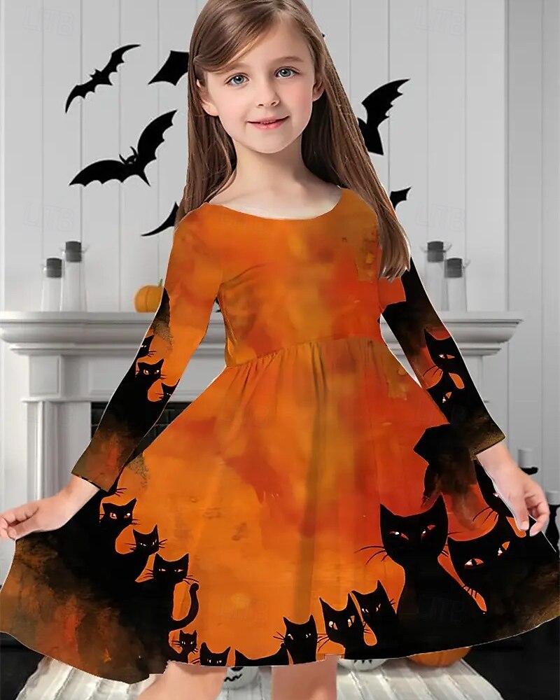 Halloween Girls' 3D Cat Dress Long Sleeve Summer Spring Vacation Daily Holiday Princess Beautiful Sweet Kids 4-12 Years Casual Dress A Line Dress Knee-length Regular Fit 2025 - $16.99 –P1