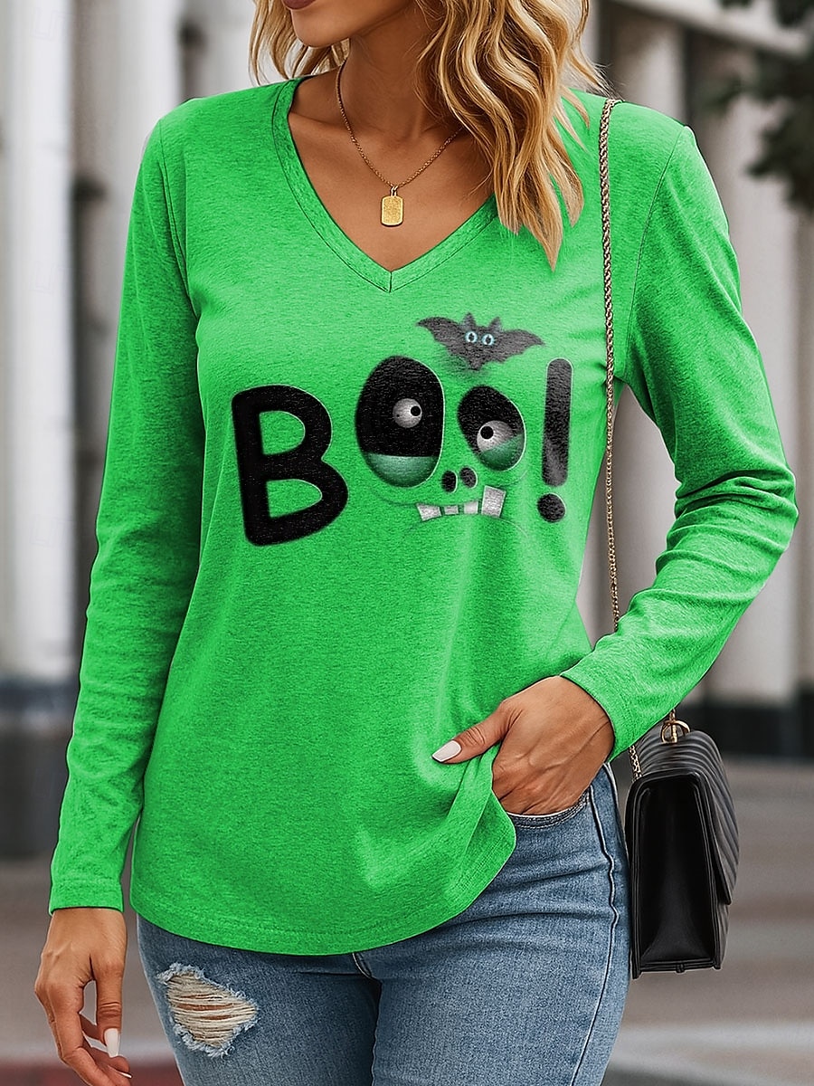 Halloween Dame T skjorte Grafisk Bokstaver Halloween Elegant Årgang Stilfull Langermet V-hals Vanlige topper Daglig Ut på byen Helg Trykt mønster Blå Lilla Oransje Grønn Vår Høst 2025 - $22.99 –P5