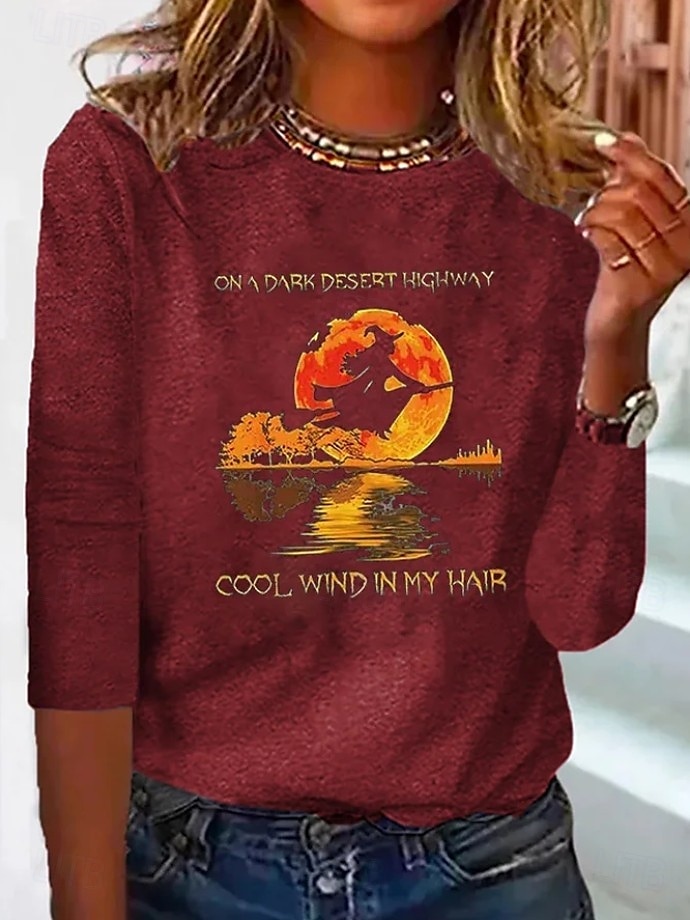 Halloween Damen T-Shirt Hexe Langarm Rundhals Langarm Tunika Ombre Grafik Stylisch Modern Casual Rundhals Regular Tops Täglich Druck Schwarz Rot Grau Herbst Vorherherbst 2025 - $22.99 –P2