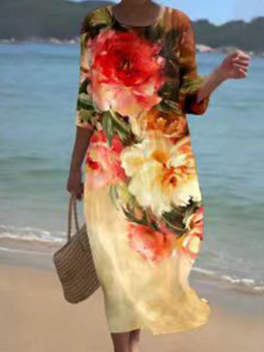 Femmes Robe Midi Robe Décontractée Robe Imprimée Mode Moderne Quotidien Plage Week-end Coupe régulière Fleuri Manche 3/4 Col ras du cou Blanche Jaune Bleu Roi Kaki Été Printemps Automne de 2025 ? $31.99 –P2