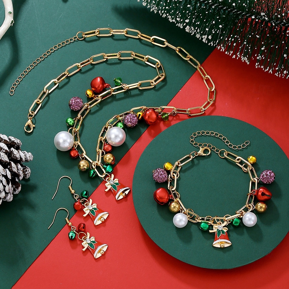 Conjunto de joias com pingentes de Natal para mulheres - colar de corrente de ouro, pulseira e brincos com sino festivo e pingentes de pérola, acessórios elegantes para festas de fim de ano para de 2025 por $9.99 –P2