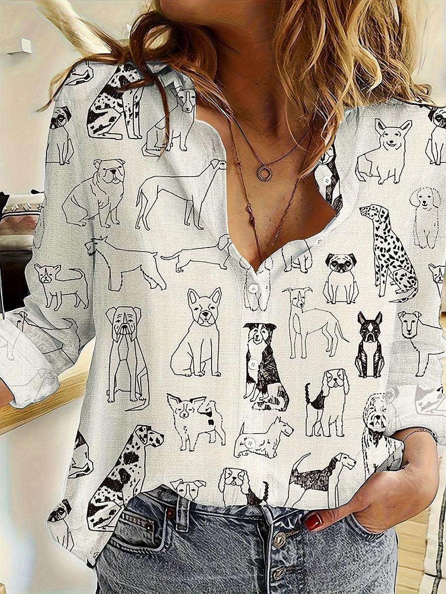 Femmes Chemise Graphique Animal ancien Élégant Occasionnel manche longue Col en V Col de chemise Hauts Réguliers Travail Quotidien Boutons Imprimé Noir et Blanc Noir Bleu Arc-en-ciel Printemps de 2025 ? $32.99 –P4