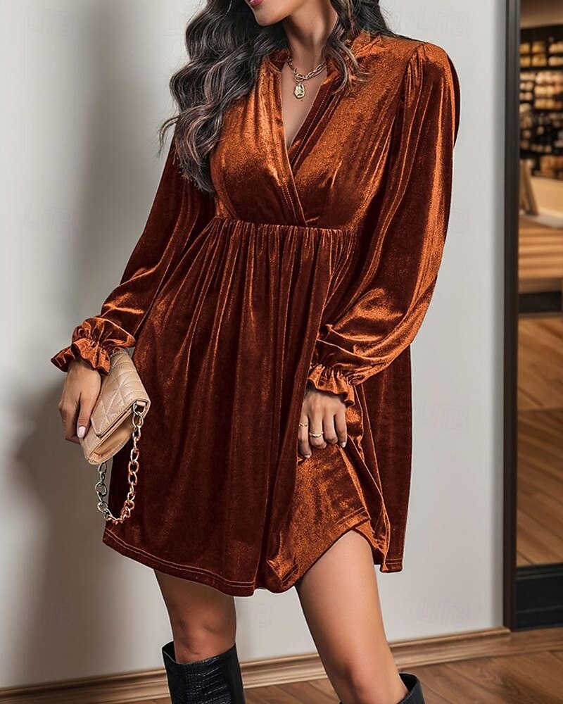 Damen Minikleid Samtkleid Freizeitkleid Mode Modern Täglich Date Wochenende Normale Passform Einfach Langarm V Ausschnitt Wein Marineblau Orange Grün Herbst Winter 2025 - $29.99 –P3