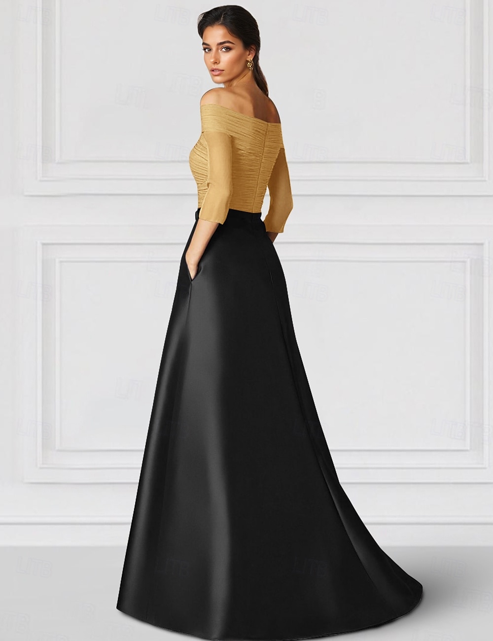 Abito da sera elegante a trapezio in raso con tasche, nero, oro e bianco, formale, da sposa, lungo fino al pavimento, manica a mezza manica, con scollo a V e arricciato, 2025 del 2025 a $139.99 –P2
