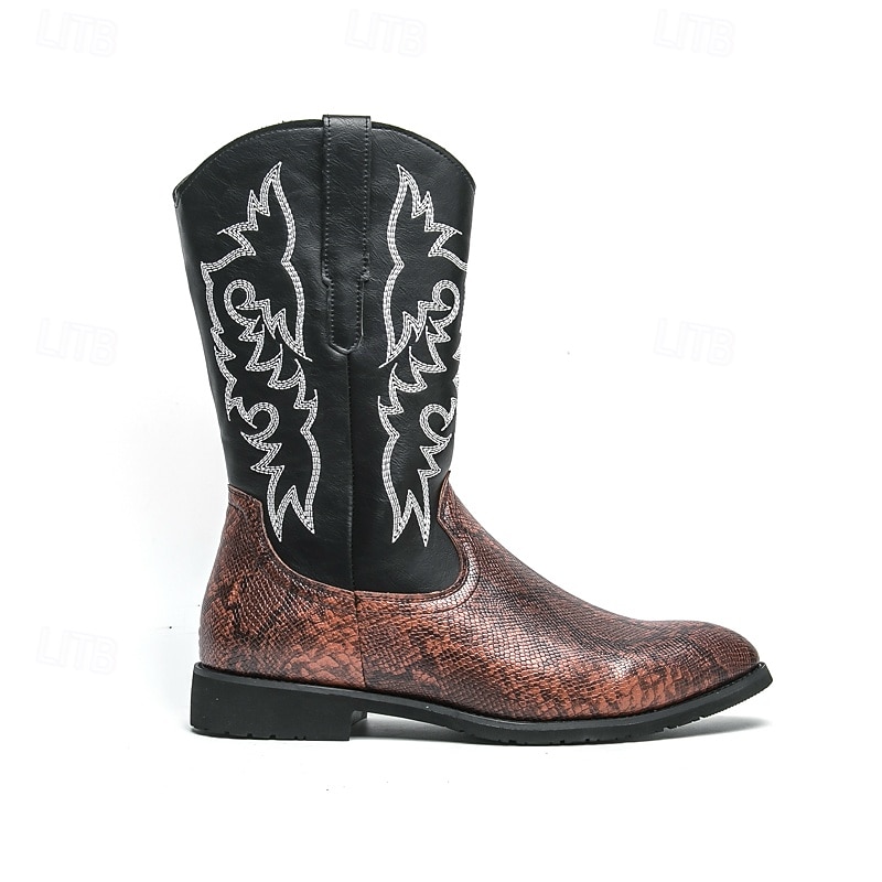 Homme Bottes Bottes de Cowboy Rétro Chaussures en Peau de Serpent Marche ancien Occasionnel Cuir PU Confortable Antidérapant Chaud Bottes Mi-Mollet Mocassin Marron Noir / Rose de 2025 ? $64.99 –P3