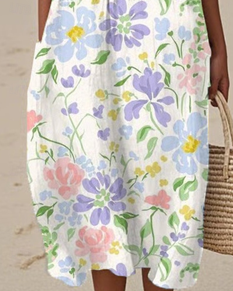 Damen Midikleid Freizeitkleid Sommerkleid Mode Modern Täglich Strand Wochenende Normale Passform Blume Ärmellos Rundhalsausschnitt Weiß Blau Sommer 2025 - $24.99 –P3