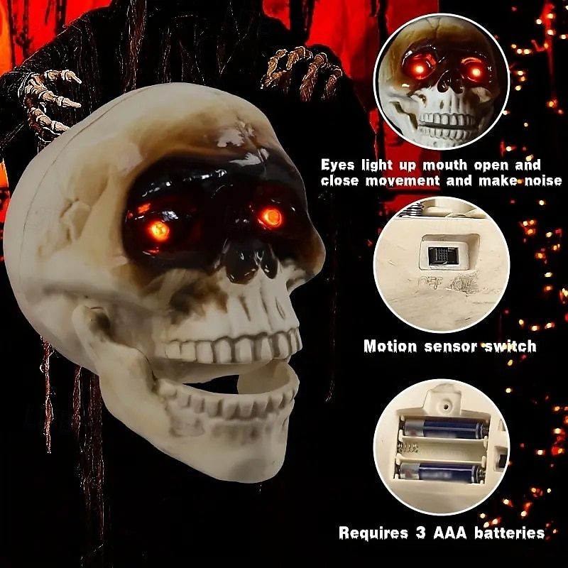 2025年 ハロウィーンの電動スカルヘッド。サウンドコントロールセンサーが光り、怖い口が開いていて、いたずらや飾りとして吊り下げられます。  コレクション – $18.99 –P7