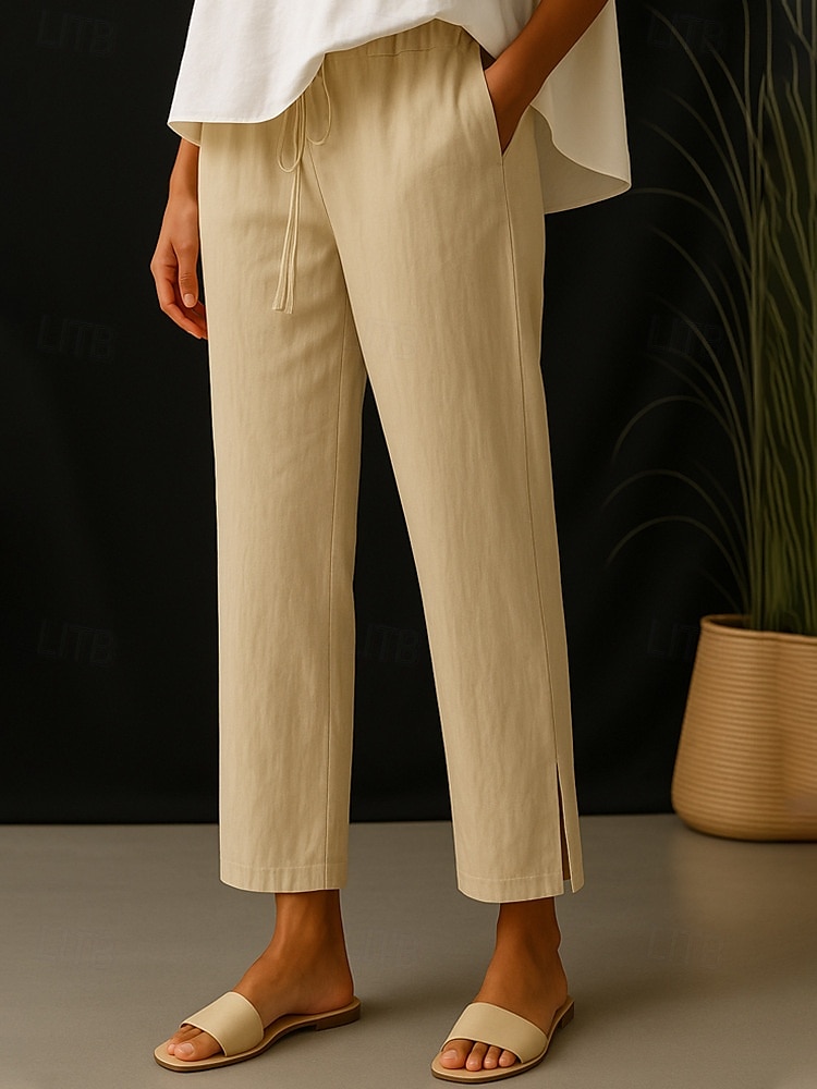 Women's Cotton Linen Pants Simple Casual Long High Waist Plain Pocket Elastic Drawstring Design High Cut Breathability Soft Micro-elastic Daily Wear White Green Beige Gray Spring Fall Regular Fit 2025 - $17.99 –P4