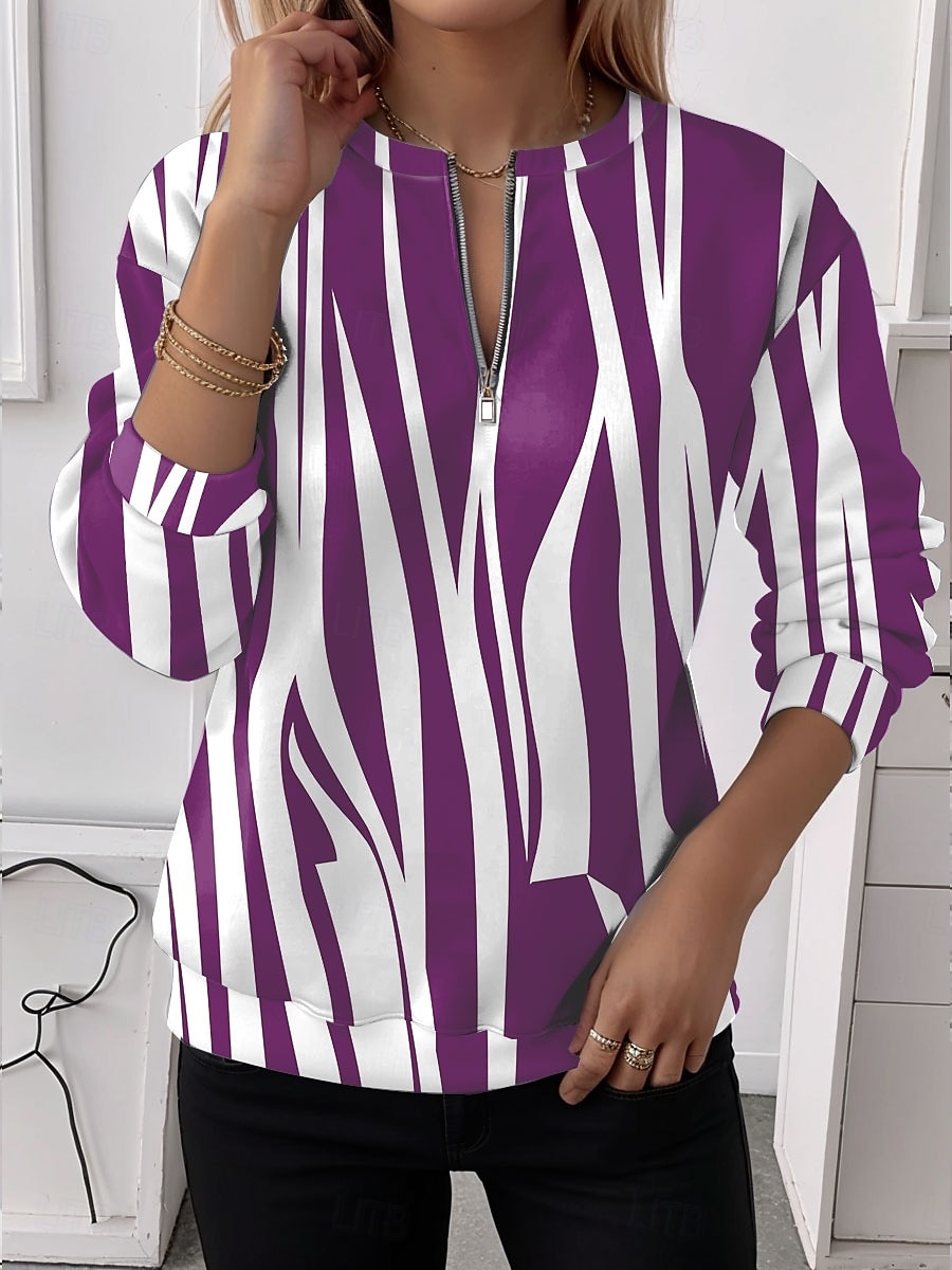 Pull à fermeture éclair quart pour femmes graphique rayé décontracté à manches longues col rond tops réguliers vêtements de rue port quotidien impression à moitié bleu violet marron vert automne hiver de 2025 ? $27.99 –P4