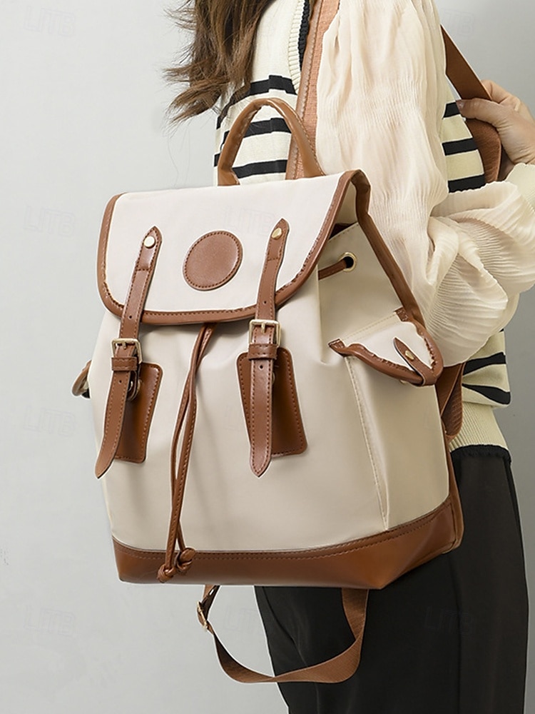 Women's Vintage Faux Leather Trim Backpack - Waterproof Canvas Preppy School Bag with Drawstring Closure for Teenage Girls, Students and Daily Use 2025 - $32.99 –P1