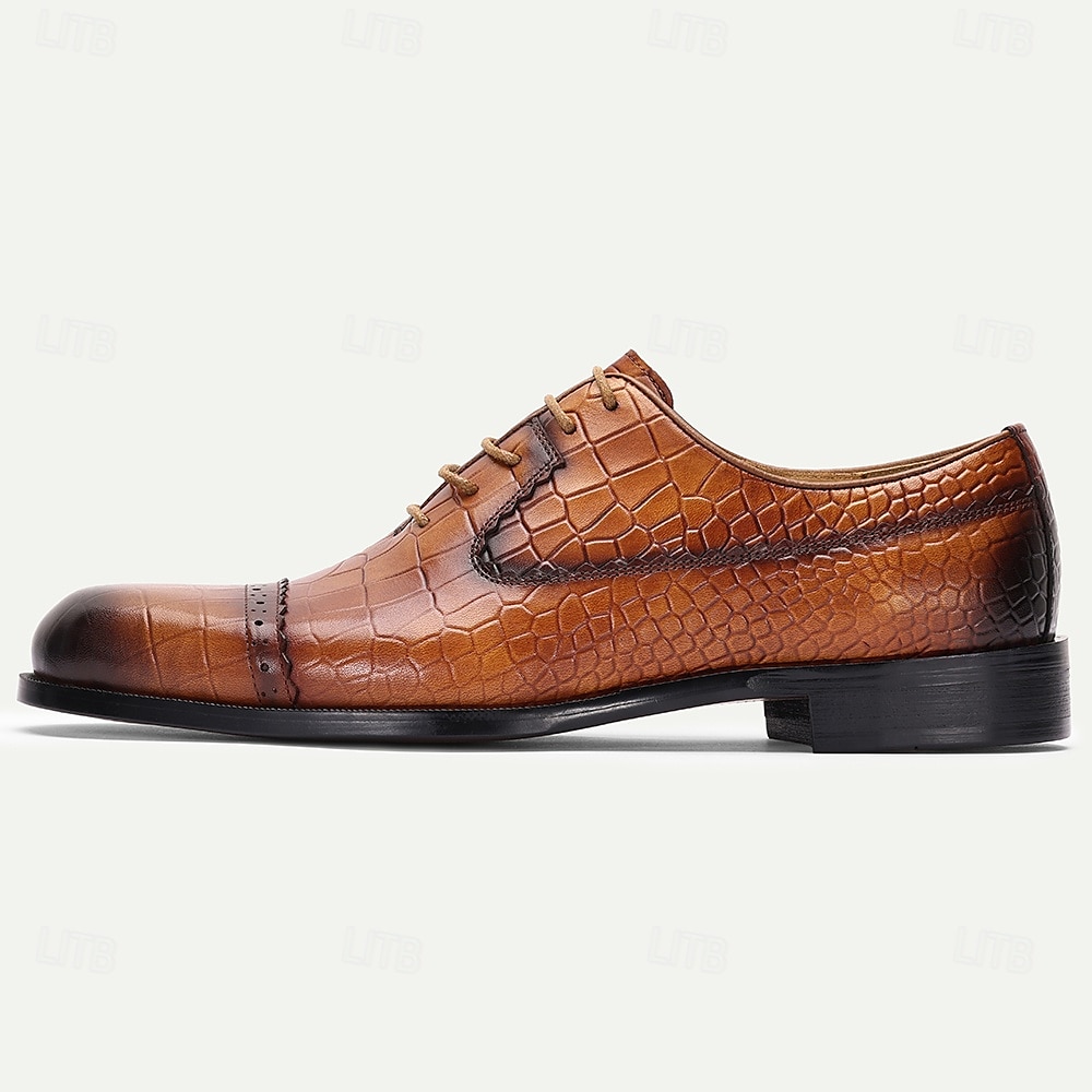 Sapatos oxford masculinos de couro de crocodilo marrom com relevo – sapatos sociais clássicos para homens de negócios e convidados de casamento de 2025 por $94.99 –P3