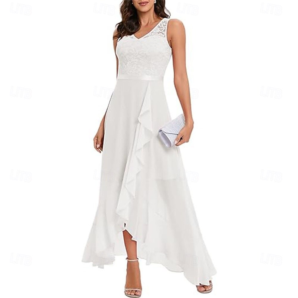 A-Linie Brautmutterkleid Elegant V Ausschnitt Asymmetrisch Chiffon Ärmellos mit Einfarbig 2025 2025 - $109.99 –P6