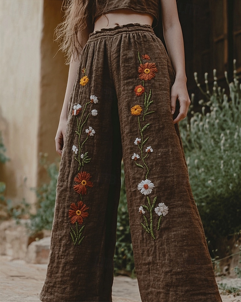 Women's Wide Leg Pants Trousers Palazzo Pants Fashion Boho Full Length High Waist Flower Elastic Waist Print Breathability Comfortable Street Daily Wear Going out dark brown Coffee Spring Fall 2025 - $32.99 –P2