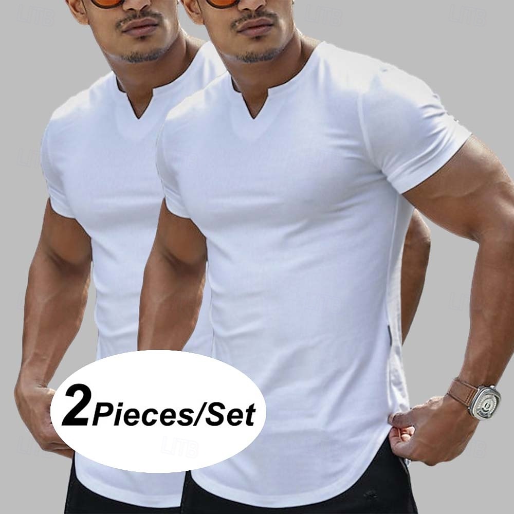 2 Pieces Men's T Shirt Casual Style Short Sleeve V Neck Summer All Seasons Plain Fashion Classic Casual 2 Pack Plain Street Casual Sports White Top Tee for Men 2025 - $20.99 –P1