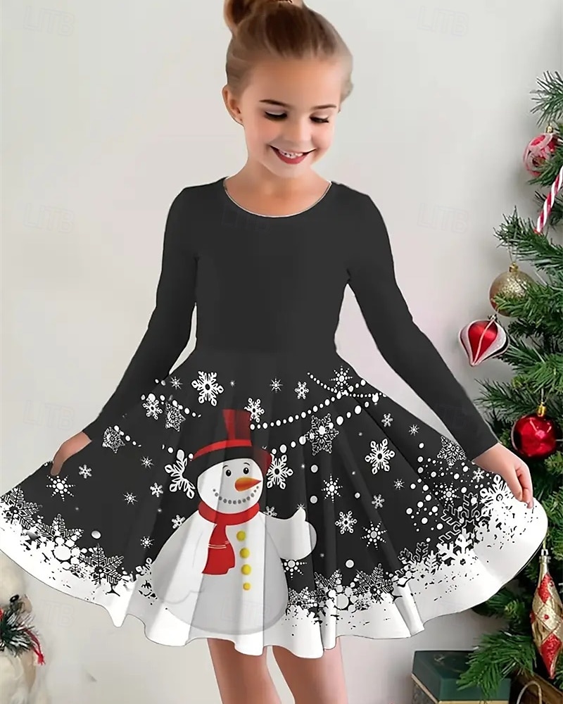 Girls' 3D Snowman Snowflake Dress Long Sleeve Summer Spring Vacation Daily Holiday Princess Beautiful Sweet Kids 4-12 Years Casual Dress A Line Dress Knee-length Regular Fit 2025 - $16.99 –P2