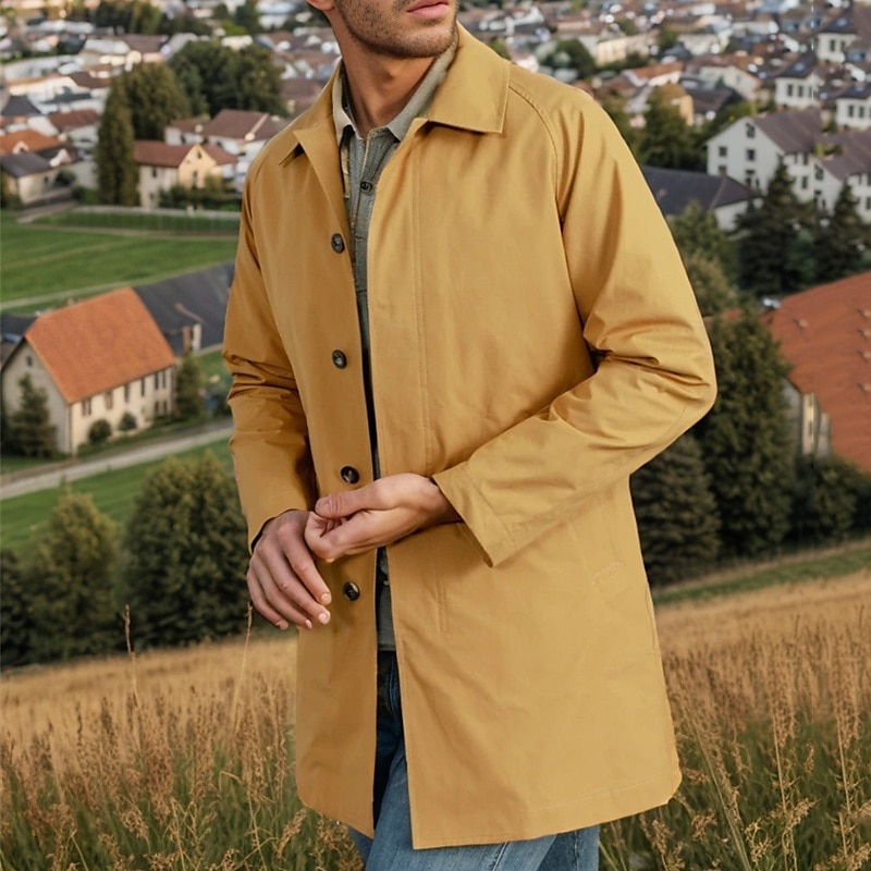 Men's Overcoat Trench Coat Long Trench Coat Vacation Daily Fall Winter Polyester Windproof Soft Outerwear Clothing Apparel Fashion Classic Plain Pocket Lapel Single Breasted 2025 - $48.99 –P1