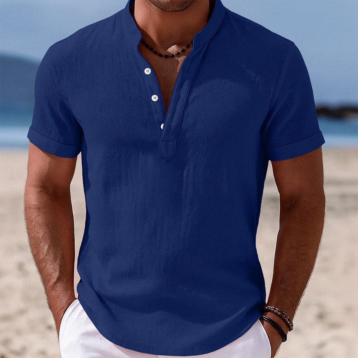 Herren Hemd Leinenhemd Stehkragenhemd Popover-Hemd Sommerhemd Strandbekleidung Einfach Urlaub Lässig Schwarz Weiß Gelb Rosa Kurzarm Stehkragen Sommer Bekleidung 2025 - $20.99 –P11