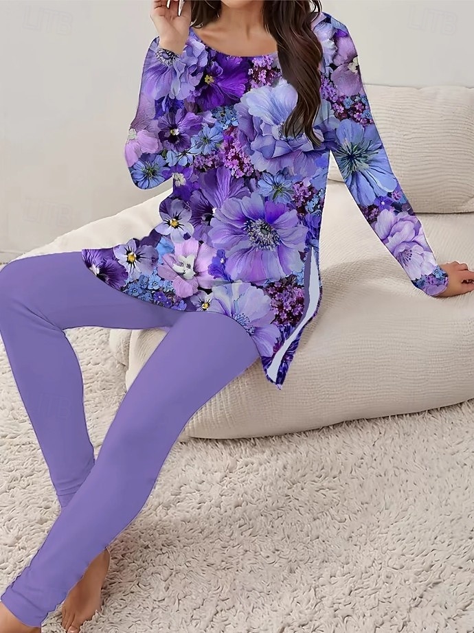 Komplet piżamowy dla kobiet dresy okrągły dekolt długi rękaw casual moda spodnie z nadrukiem kwiatowa grafika codzienne biały winogronowy fioletowy regularny krój 2025 - $31.99 –P1