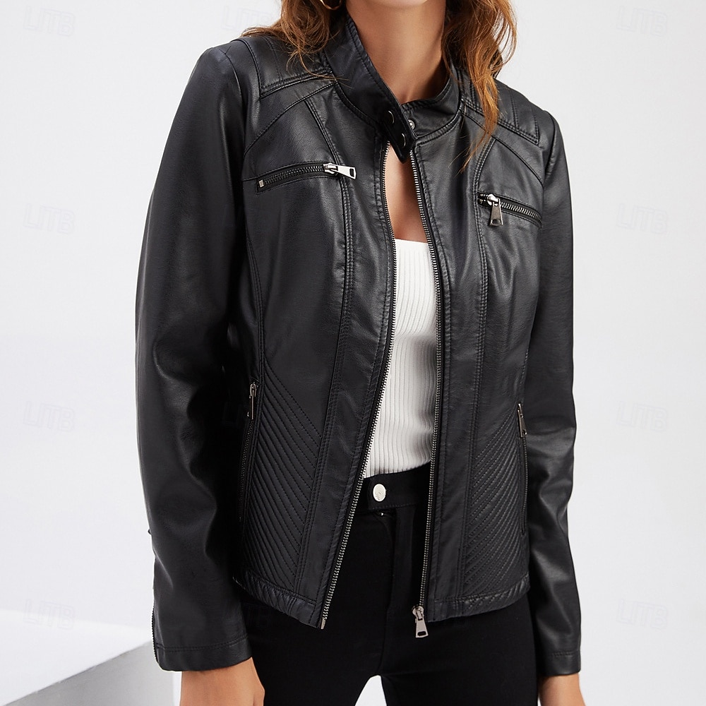 Per donna Giacca in Ecopelle Confortevole Tasca Cerniera completa Moda Stile da Strada Semplice All'aperto Casual Quotidiano Regolare Collo alla coreana Vestibilità regolare Manica Lunga Capispalla del 2025 a $48.99 –P2